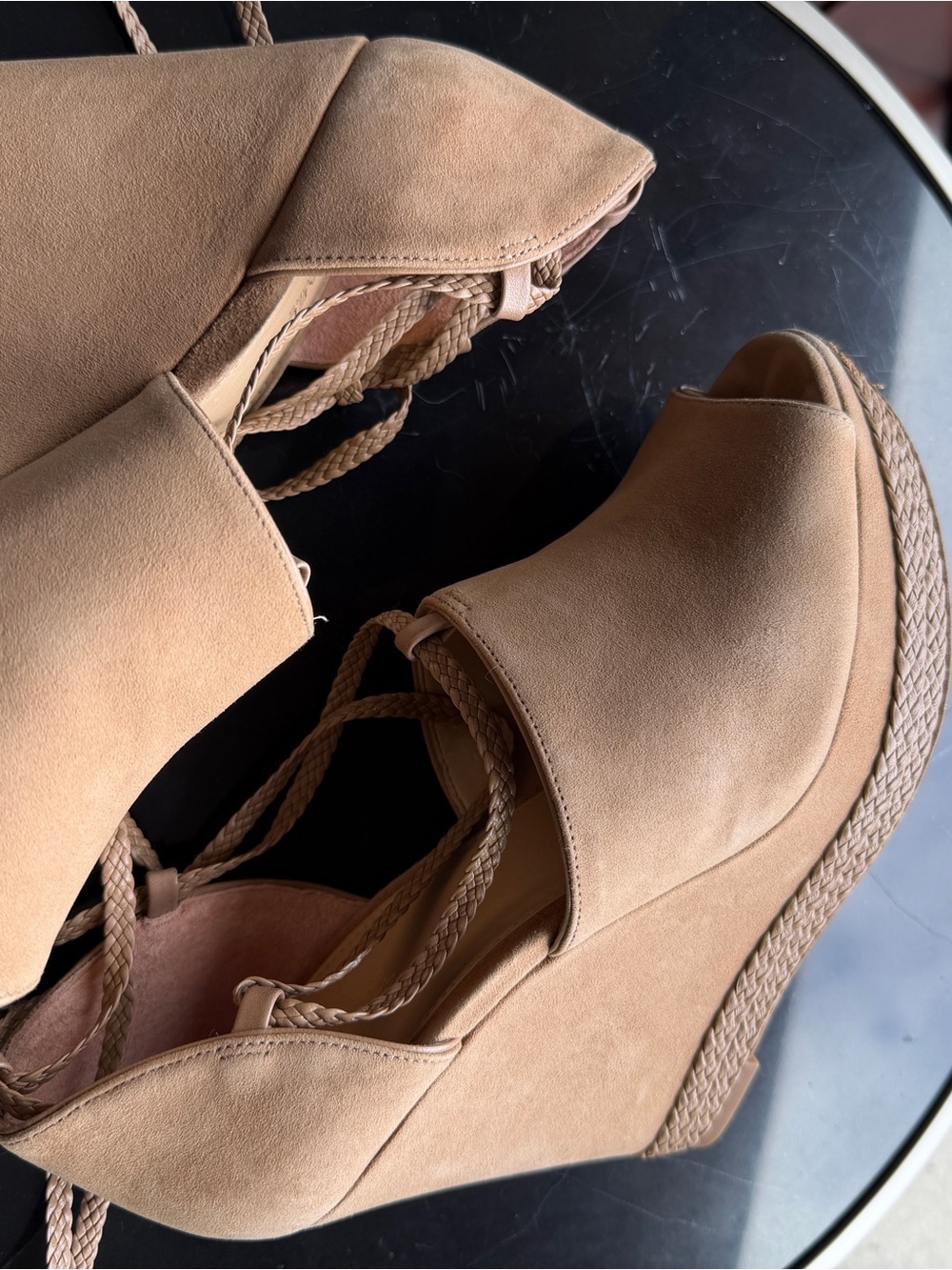 Michael Kors Beige Suede Wedge Sandals Peep Toe Lace Up Ankle Tie Platform Heels - Picture 2 of 3